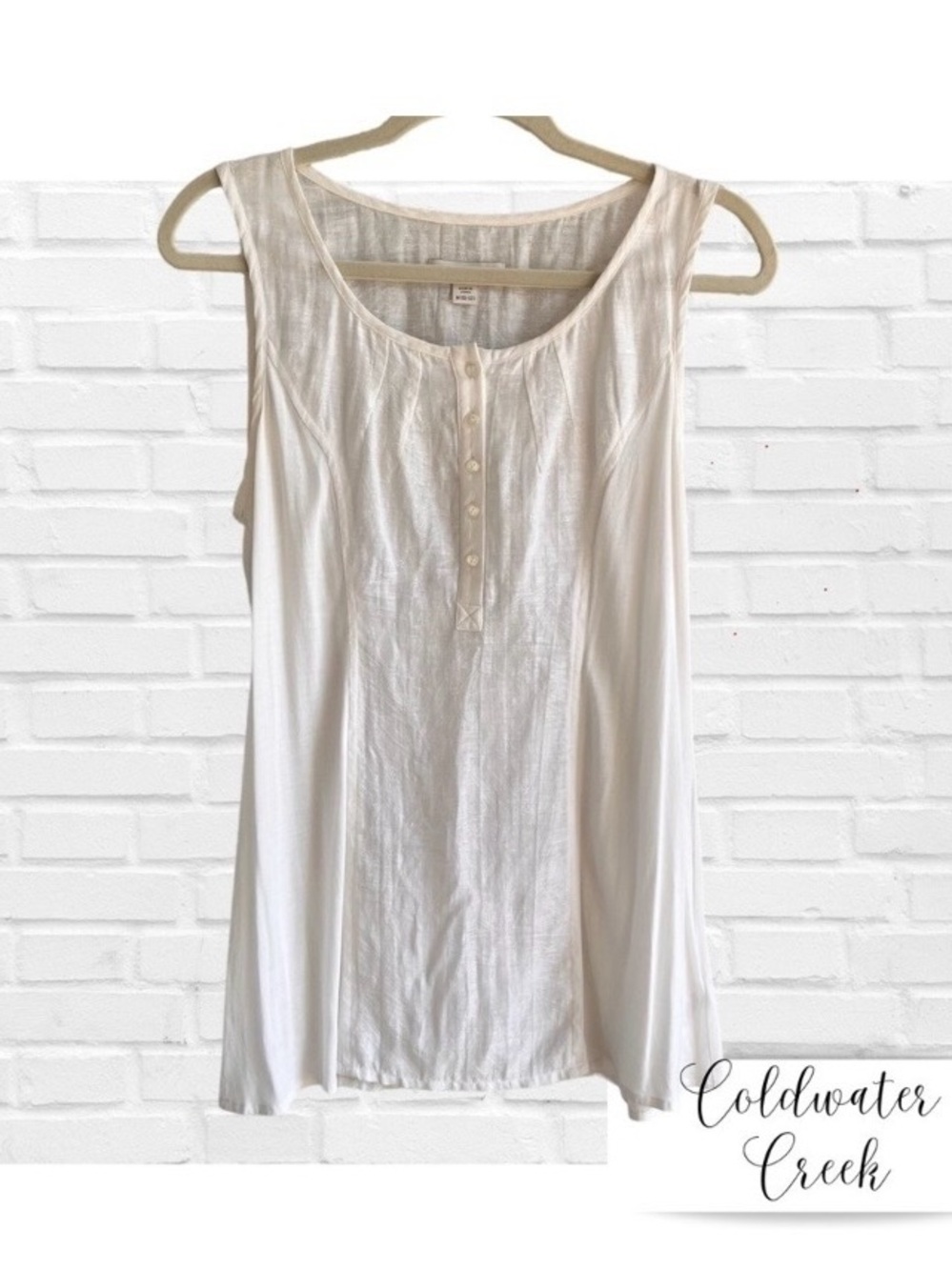 Coldwater Creek Linen Blend Scoop Neck Henley, Cream, Sz Medium